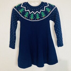 Hanna Anderson Girls Navy Blue Knit With Christmas Trees Dress Sz 6/7‎ Cm 120